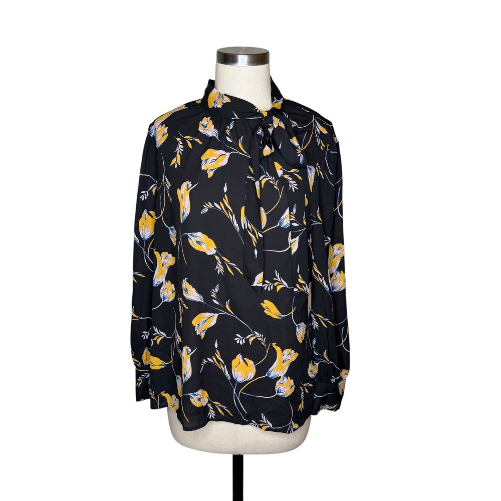 MODCLOTH Black Floral Tie Neck Blouse Women's Size Large Floral Retro Style L